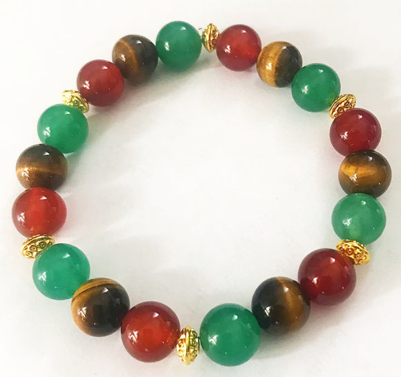 Genuine Tiger's Eye, Green Aventurine, & Red Agate Bead Bracelet